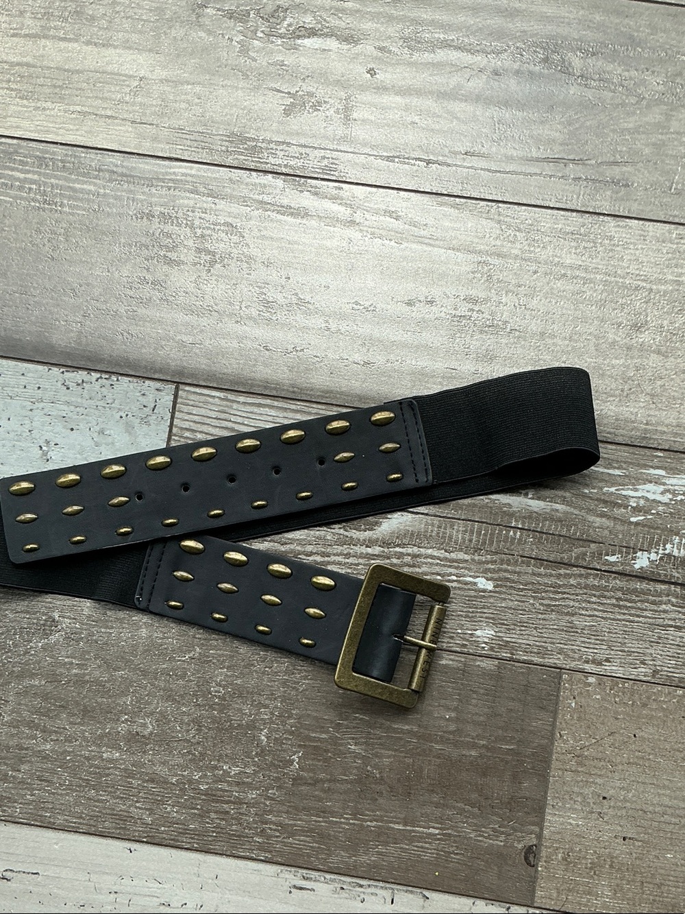 Nine West Black Studded Elastic Waist Belt with Antique Brass Buckle L/XL